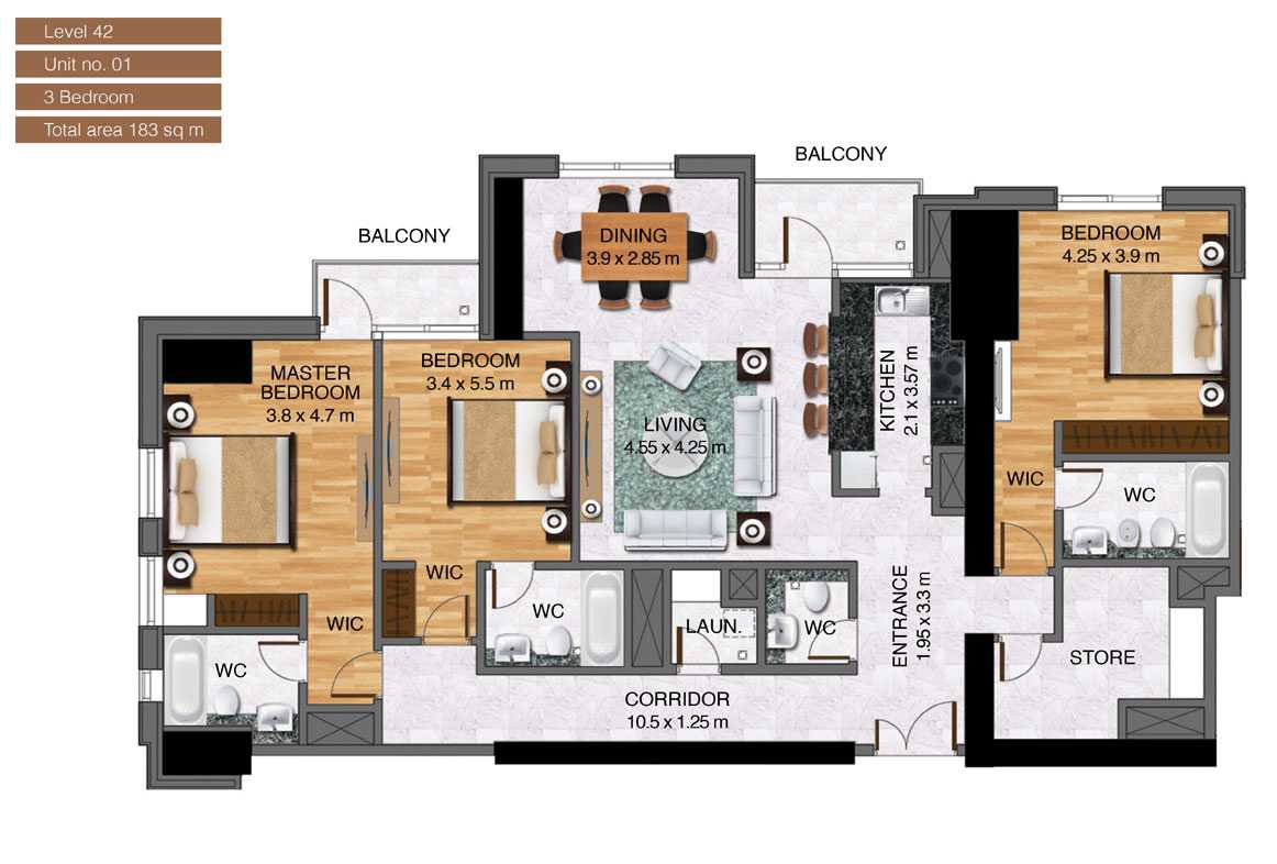 Level-42,Unit-no-1-,3-Bedroom-,Size-183-Sq m